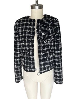 Mango Black & White Tweed Cropped Blazer with Floral Applique